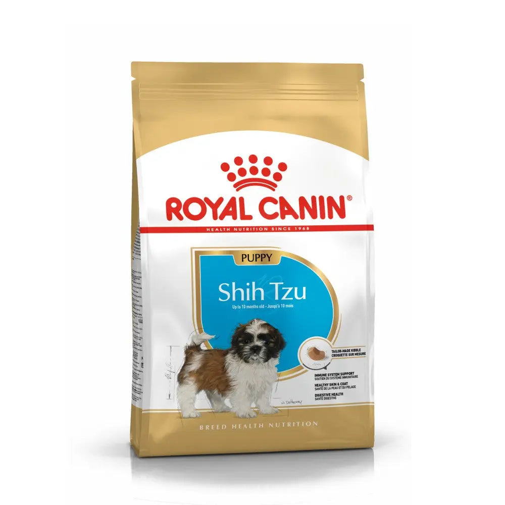 Royal Canin Shih Tzu puppy food bag with nutritional information and breed-specific formula.