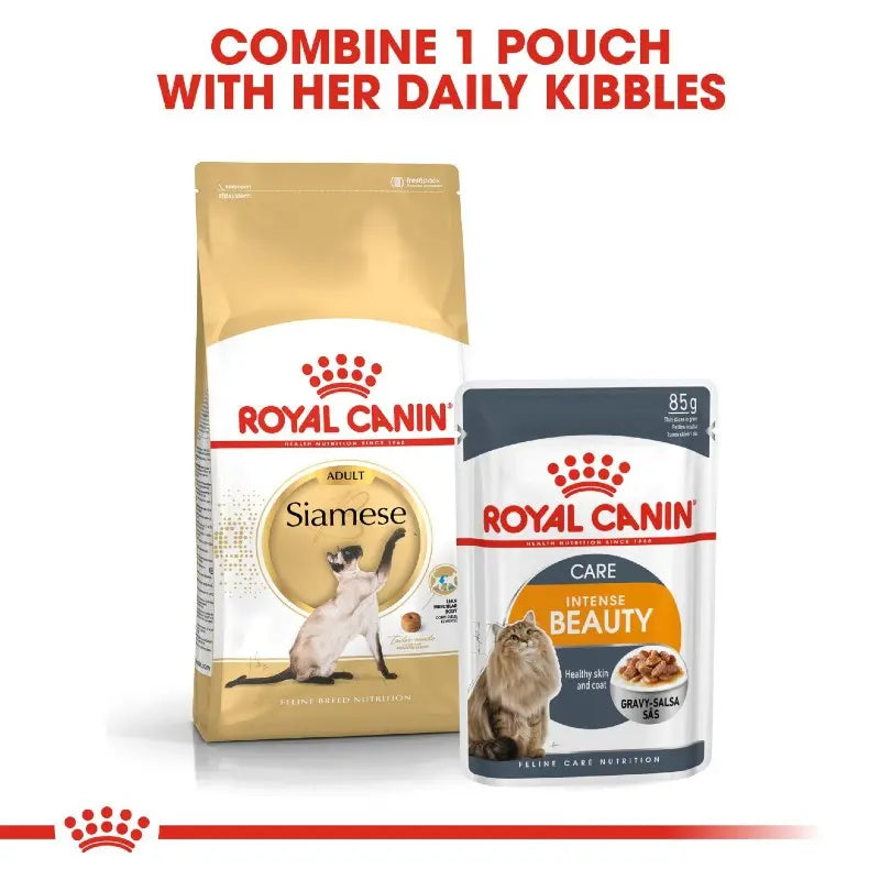 Royal Canin Siamese cat food pouch and kibble for balanced nutrition and healthy beauty.