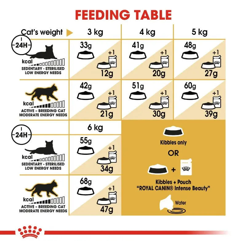 Cat feeding table infographic showing recommended kibble portions based on weight and activity level.