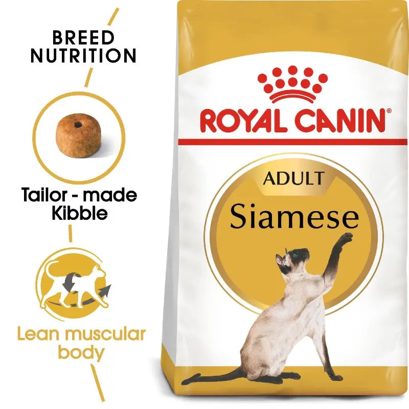 Royal Canin Siamese adult cat food bag featuring tailored kibble for lean muscular body nutrition.