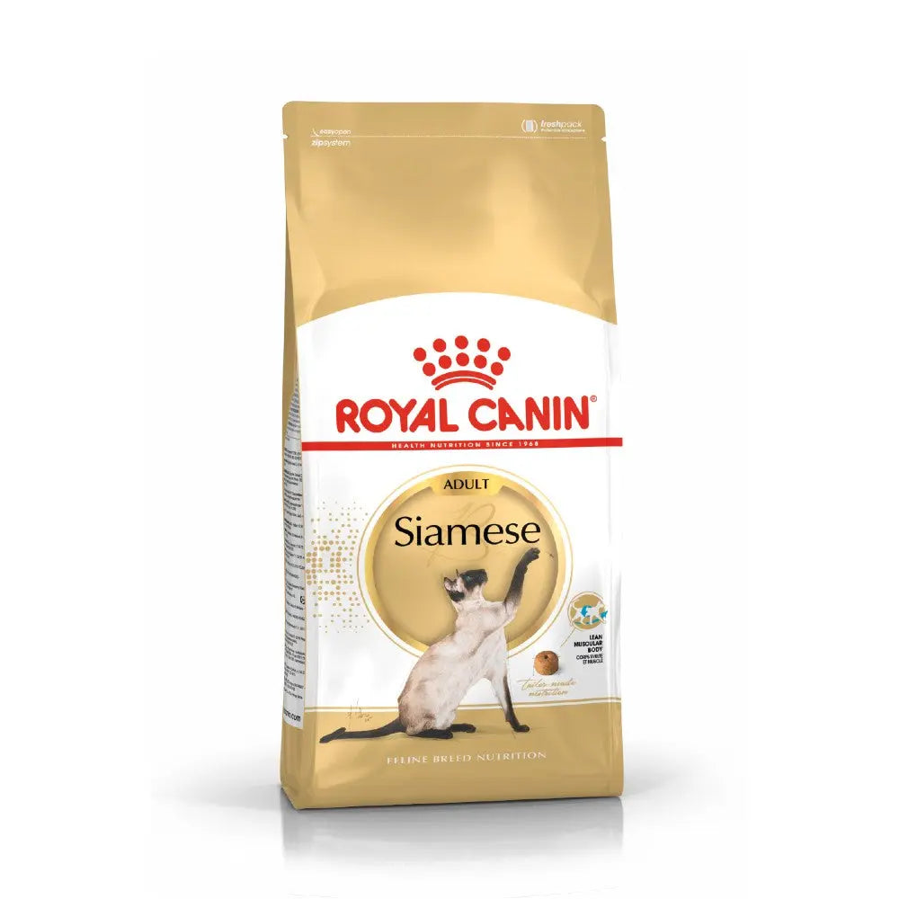 Royal Canin Siamese cat food bag, designed for adult Siamese cats with balanced nutrition.