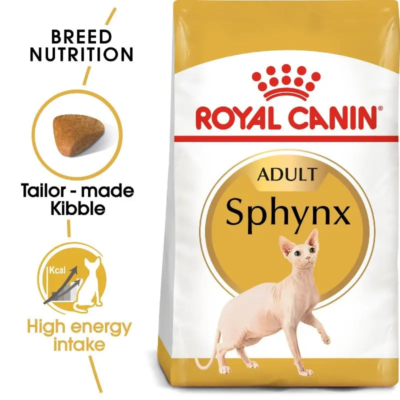 Royal Canin Sphynx cat food bag featuring tailored kibble for high energy intake and breed-specific nutrition.
