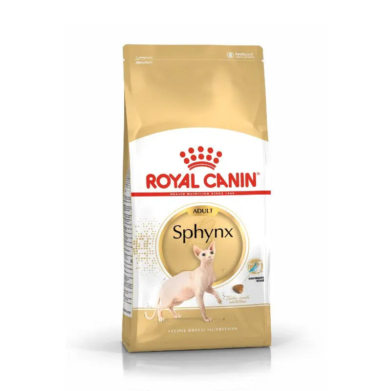 Royal Canin Sphynx adult cat food bag featuring premium nutrition for hairless breeds.