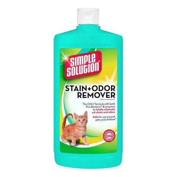 Simple Solution Stain + Odor Remover for pets, effective against stains and odors, safe for kids and pets.