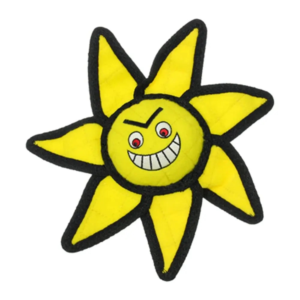 Yellow sun-shaped plush toy with a mischievous face, perfect for playful pets.