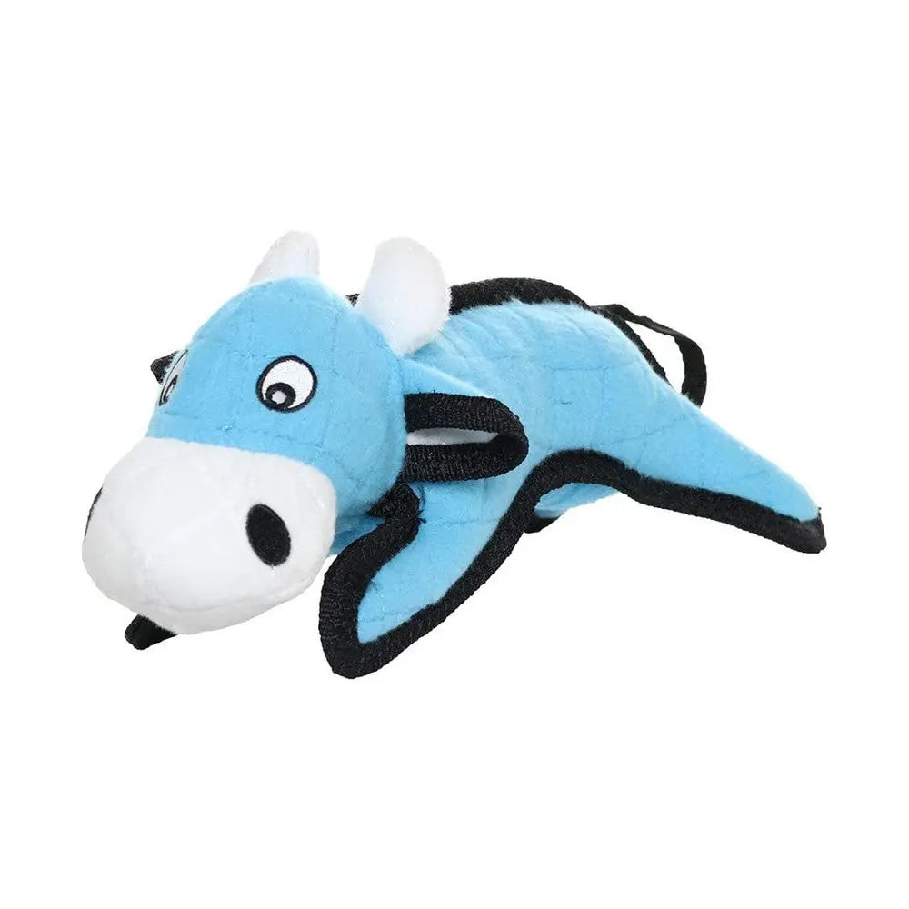 Blue plush cow toy for dogs, perfect for playtime and cuddling.