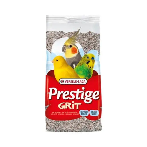 Prestige Grit bird food bag featuring colorful cockatiels and budgerigars on the label.