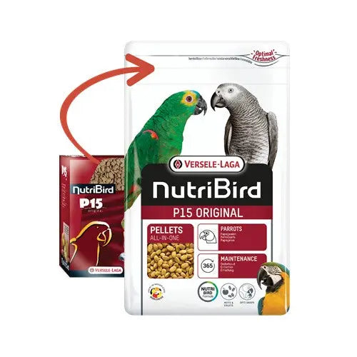 NutriBird P15 Original parrot food bag with colorful birds, featuring all-in-one pellets for maintenance.