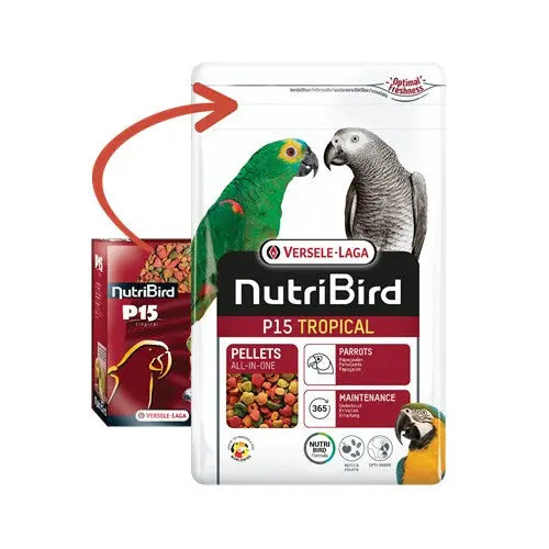 NutriBird P15 Tropical bird food packaging featuring colorful pellets for parrots and maintenance nutrition.