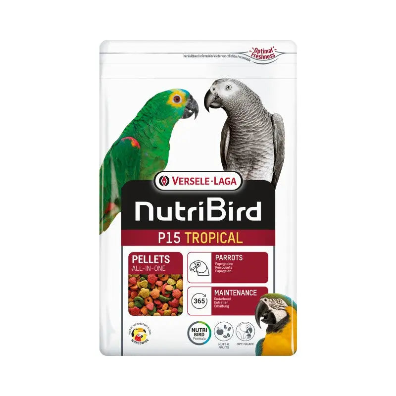 NutriBird P15 Tropical pellets for parrots, featuring a colorful packaging design and nutritional information.
