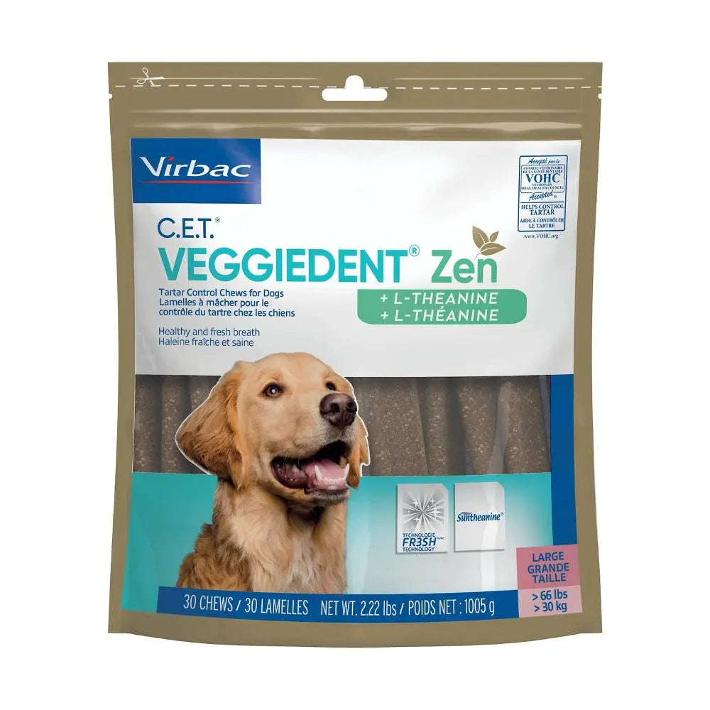 Dog dental chews for tartar control, featuring L-Theanine for calmness and fresh breath.