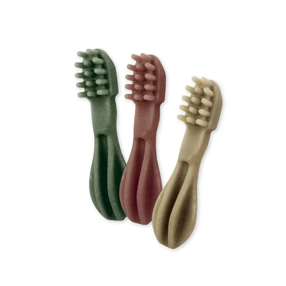 Pet dental chews in green, red, and beige for effective teeth cleaning and freshening breath.