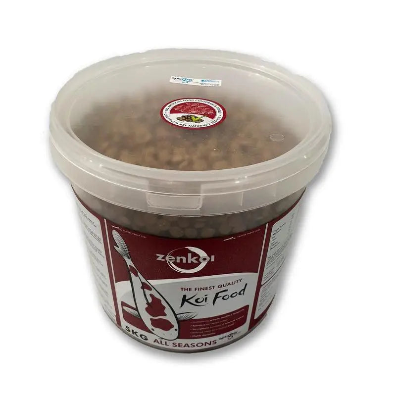 Zenko Koi Food in a 2kg bucket, ideal for all seasons, promoting healthy growth and vibrant colors.