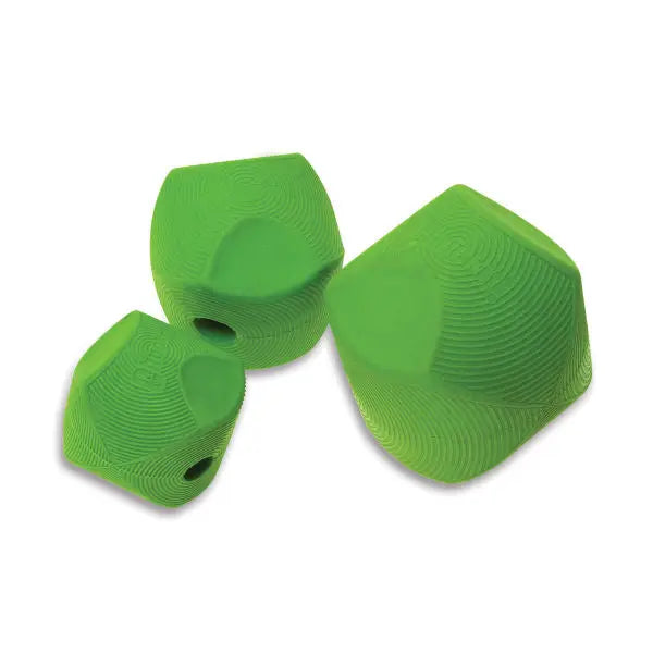 Green silicone dog toys in various sizes for interactive play and chewing.