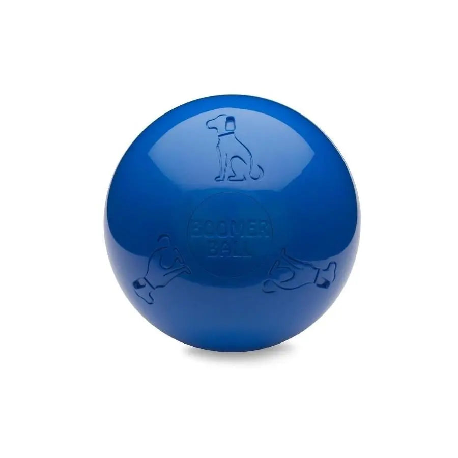 Blue Boomer Ball for dogs, durable and interactive toy for outdoor play and exercise.