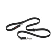 Durable black dog leash with metal clips for secure pet walking and control.
