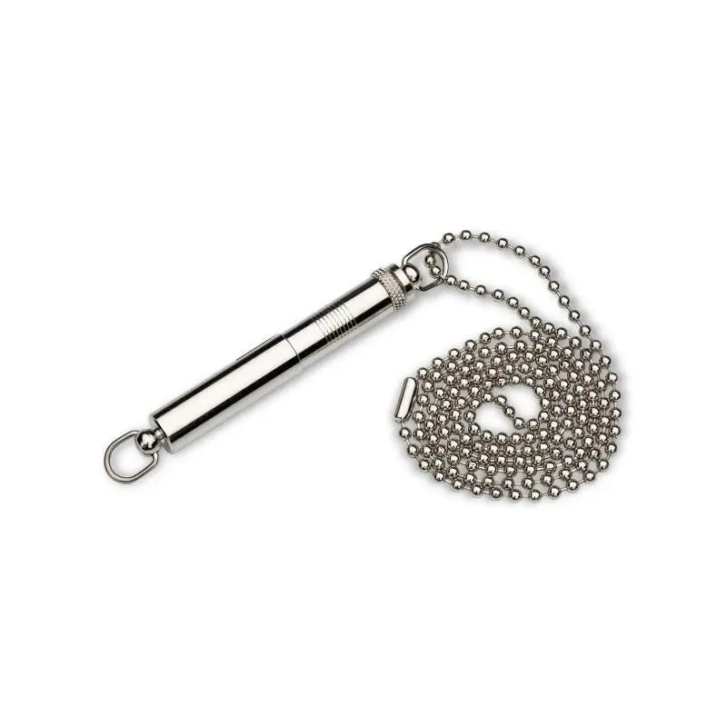 Stainless steel whistle with a ball chain for easy carrying and use.