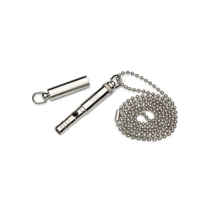 Stainless steel dog whistle with chain and protective cap for effective training and communication.
