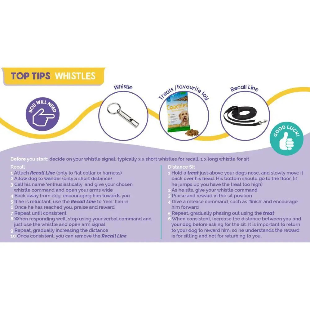 Whistle training tips for dogs, including recall line and distance cues for effective communication.