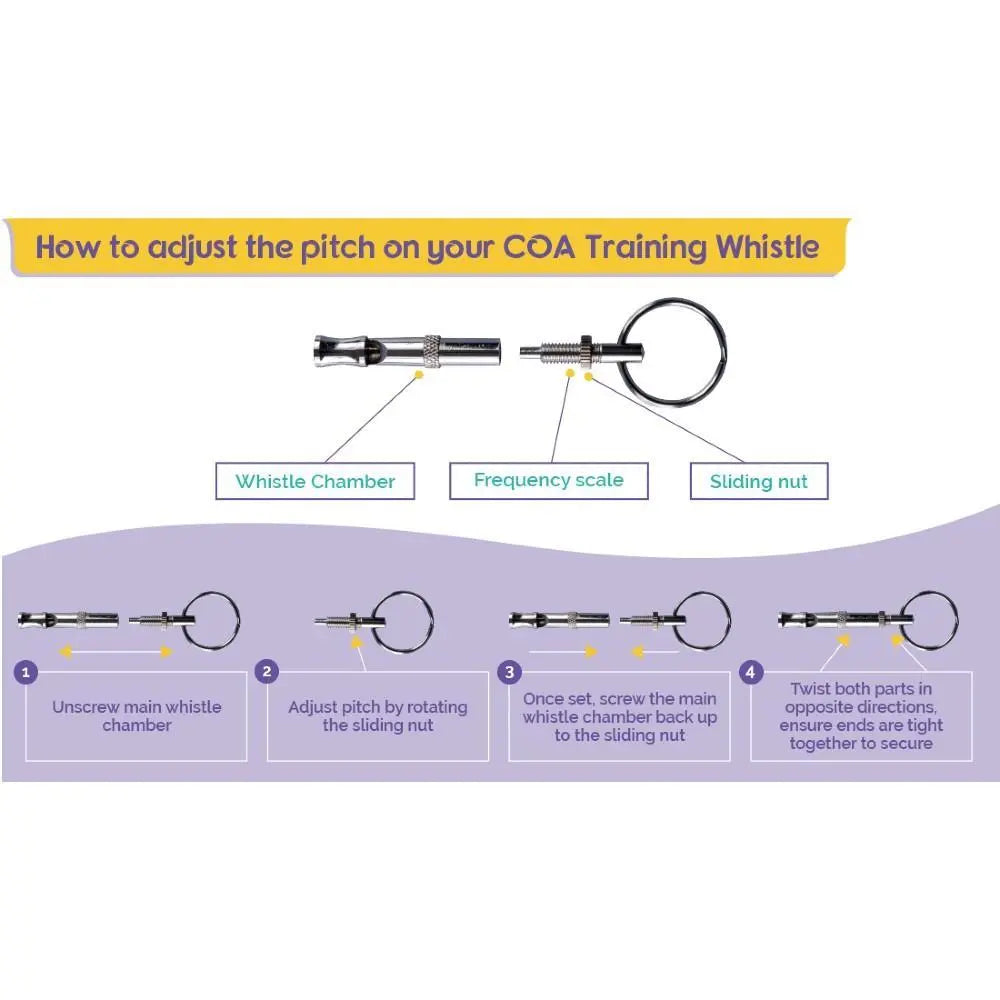 Instructions for adjusting pitch on a COA training whistle with visuals and steps.