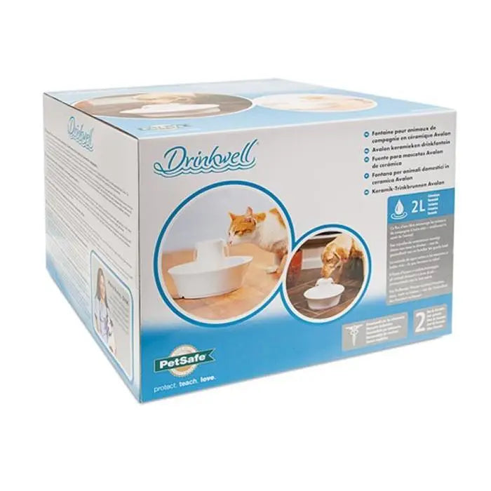 PetSafe Drinkwell water fountain box with features and instructions for pet hydration.