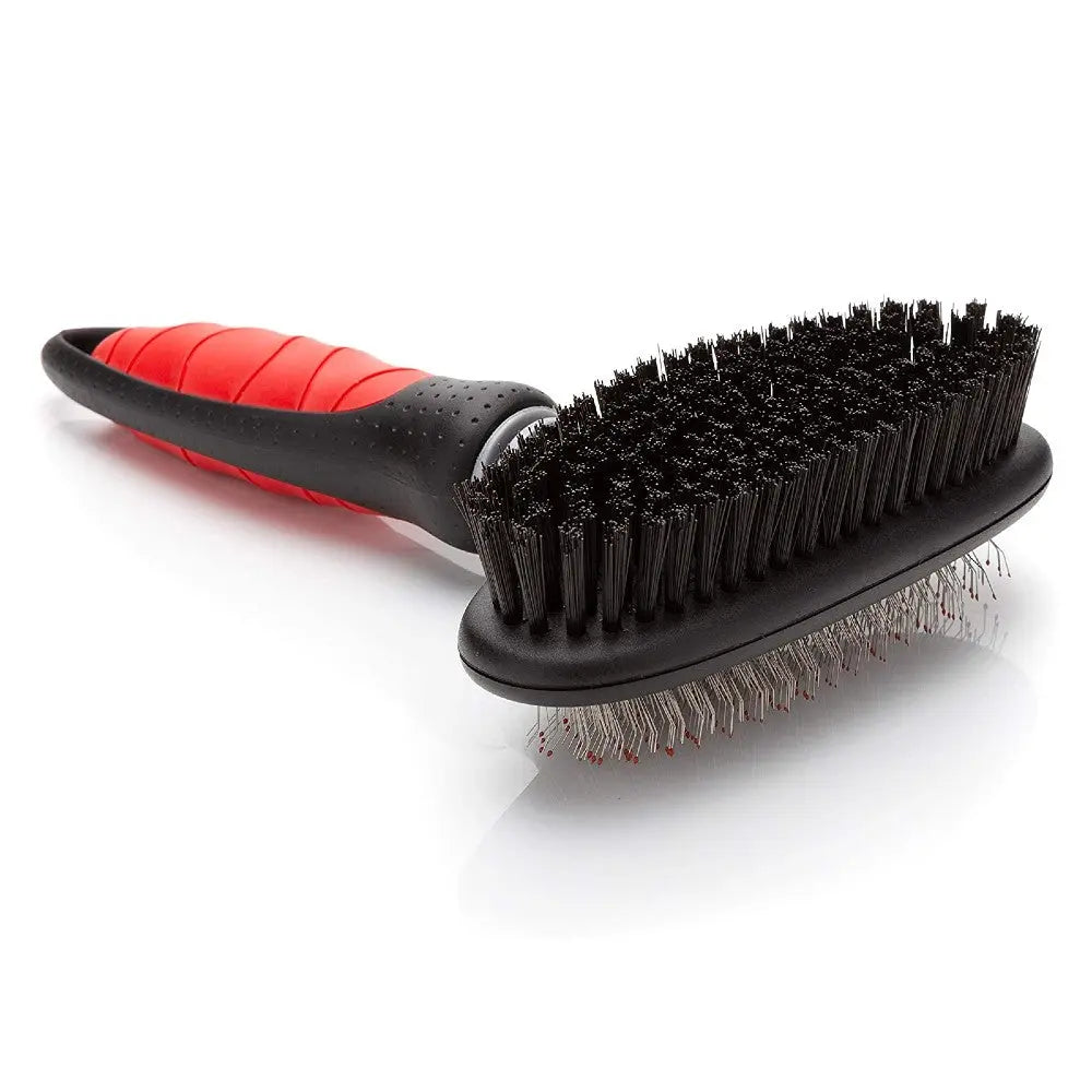Pet grooming brush with a comfortable grip for effective fur removal and detangling.