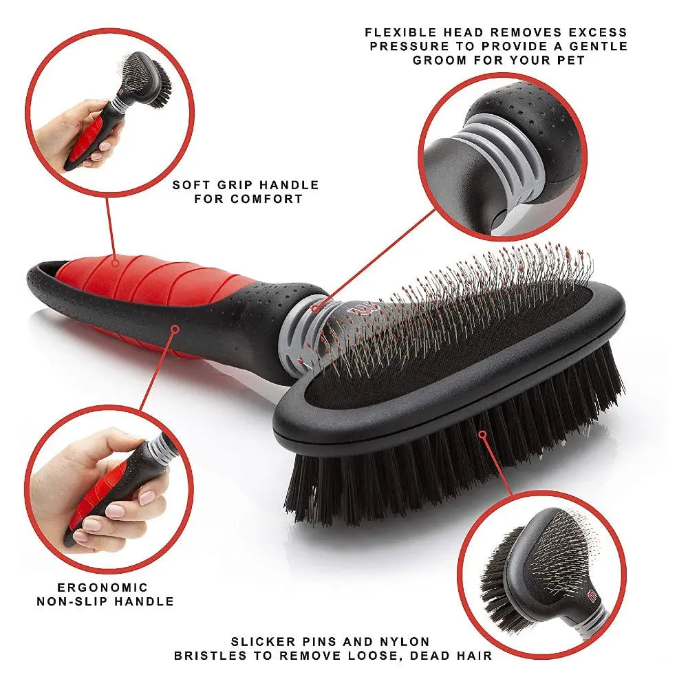 Pet grooming brush with ergonomic handle and flexible head for gentle, effective fur removal.