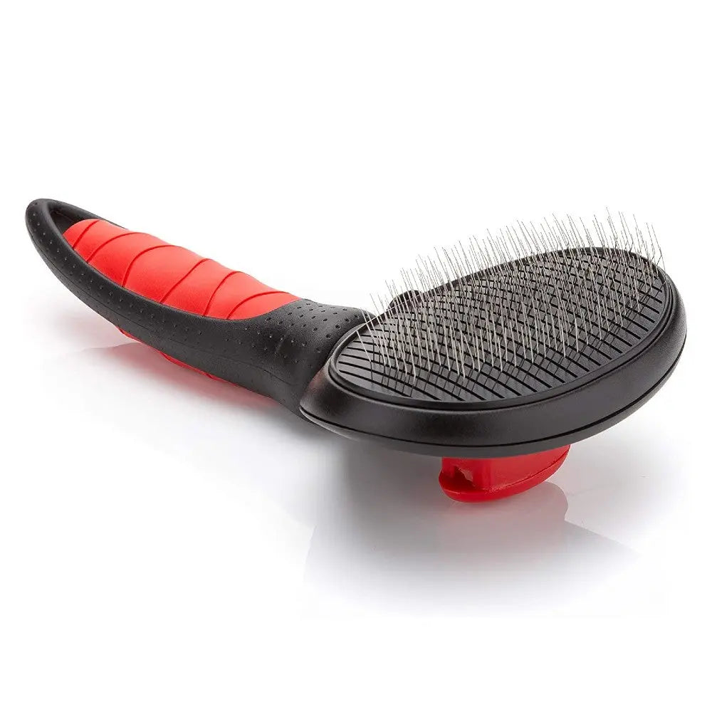 Pet grooming brush with a comfortable grip for effective fur removal and detangling.