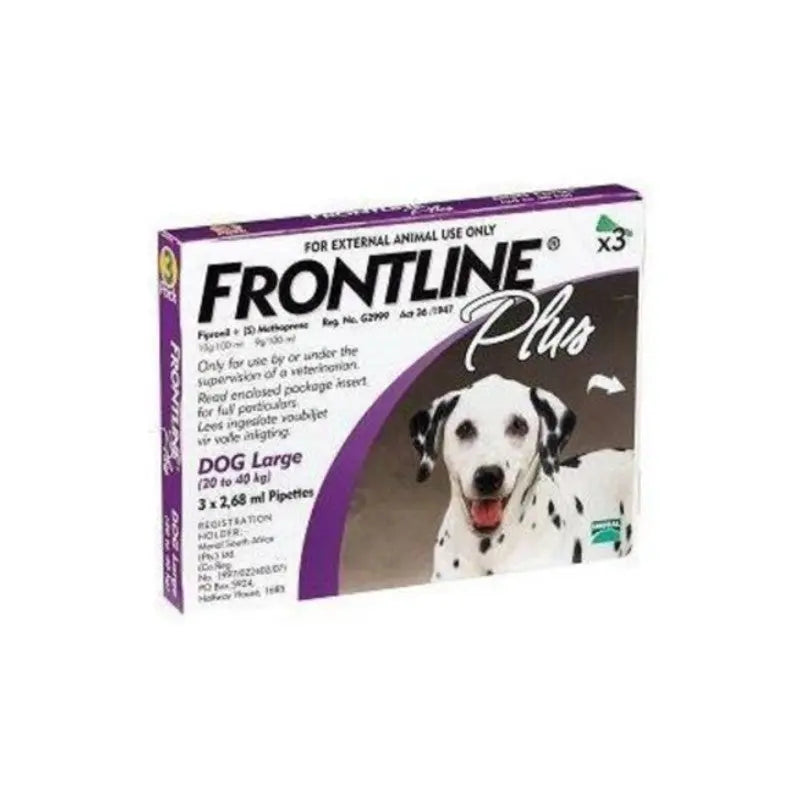 Frontline Plus for dogs, large size, effective flea and tick treatment packaging.