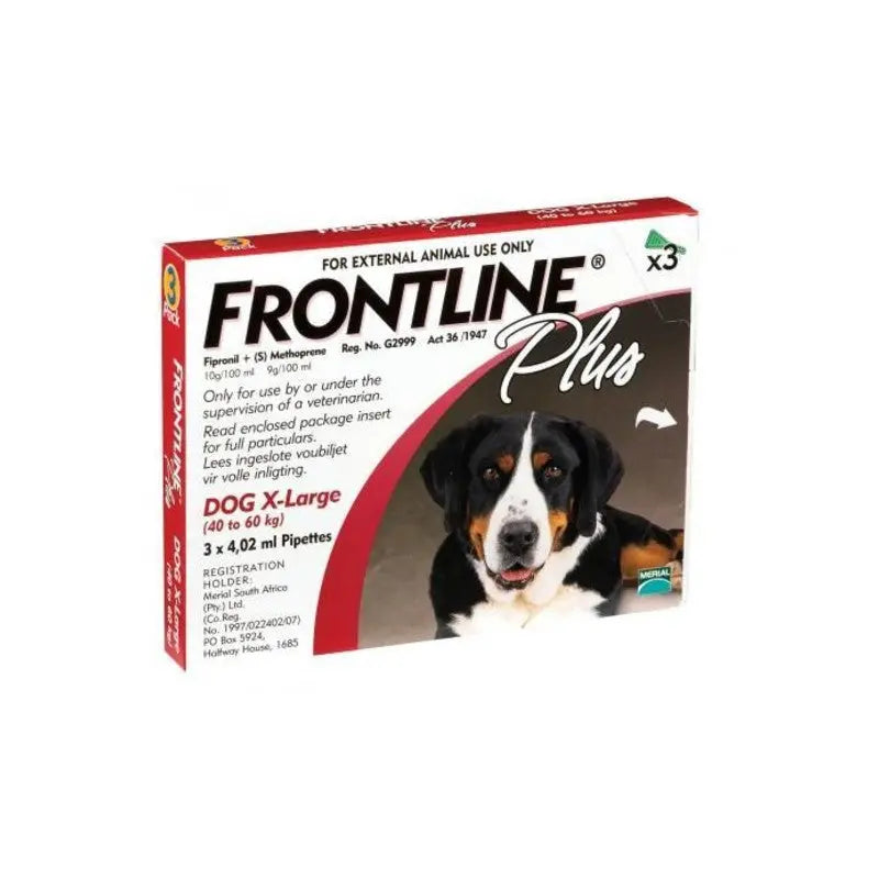 Frontline Plus for dogs, X-Large size, effective flea and tick treatment packaging.