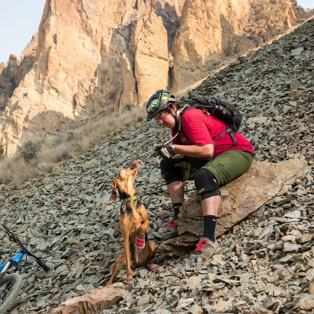 Person in biking gear interacts with a dog on rocky terrain near mountains.