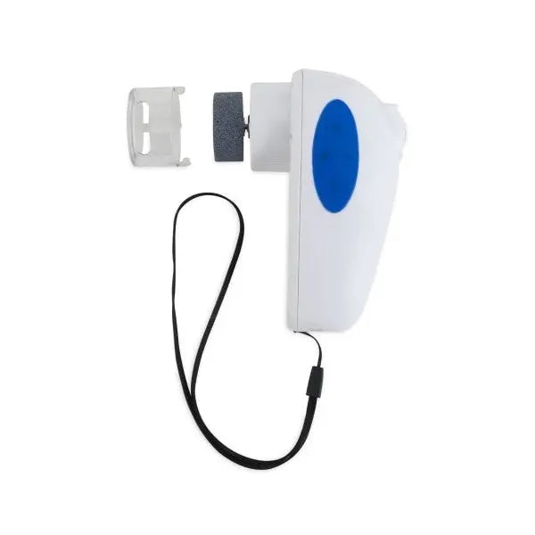 Electric foot file with removable roller and safety cap for smooth, soft feet.