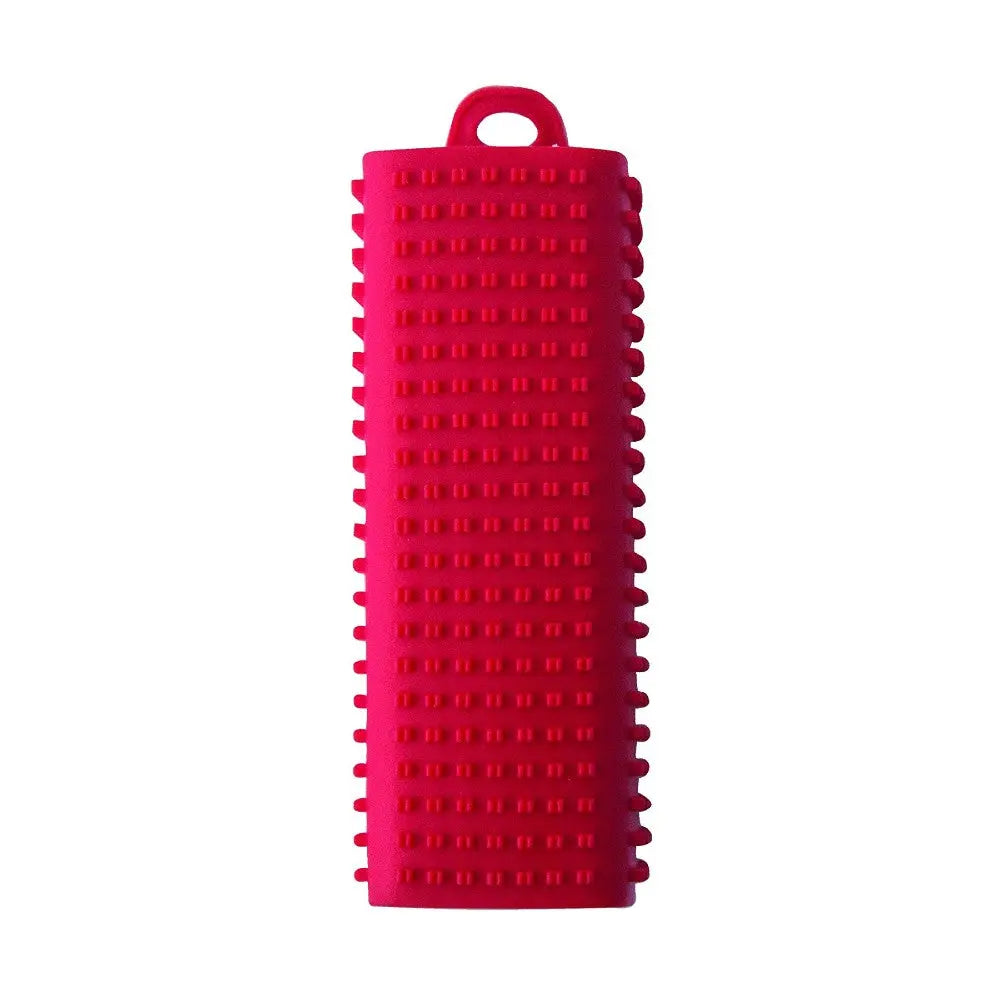 Red silicone pet grooming tool with textured surface for effective brushing and de-shedding.