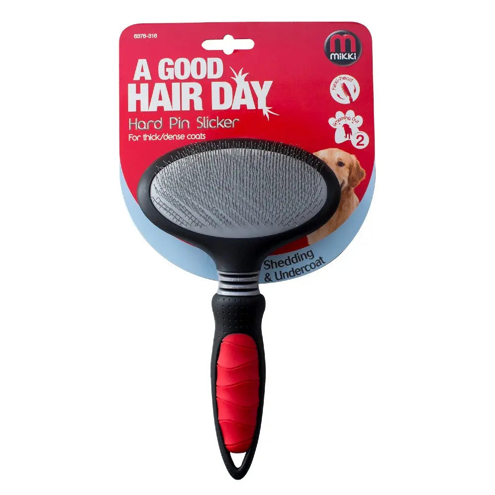 Dog grooming tool, hard pin slicker brush for thick coats, shedding and undercoat care.