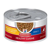 Canned cat food featuring roasted chicken and rice medley for adult cats aged 7 and older.