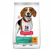 Hill's Science Plan Perfect Weight dog food bag featuring a healthy beagle and chicken ingredients.