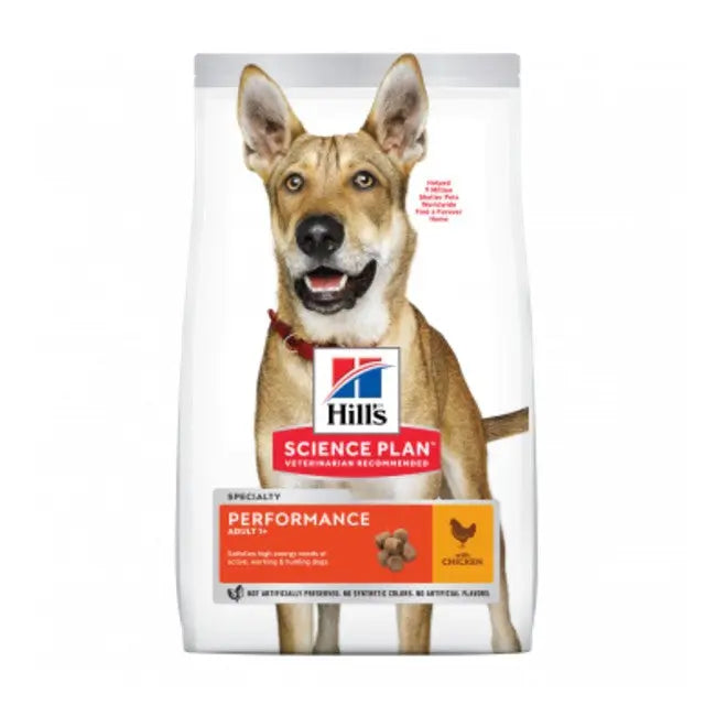 Hill's Science Plan Performance dog food bag featuring a happy dog and chicken ingredients for optimal nutrition.