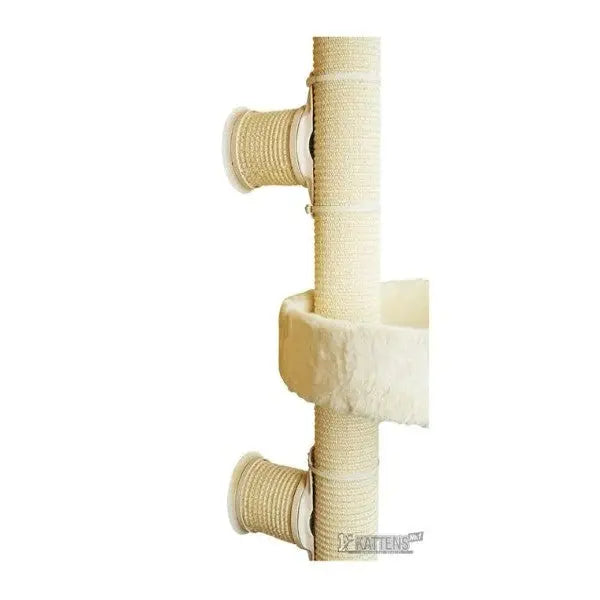 Cat tree with scratching posts and cozy perch for feline play and relaxation.
