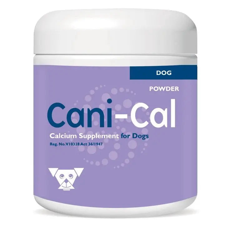 Cani-Cal calcium supplement powder for dogs in a white container with a purple label.