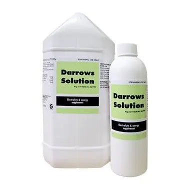 Darrow's Solution bottles for electrolyte and energy supplementation in animals.