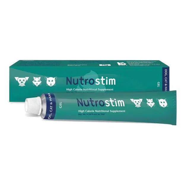 Nutrostim high-calorie nutritional supplement gel for dogs, cats, and small mammals in packaging.