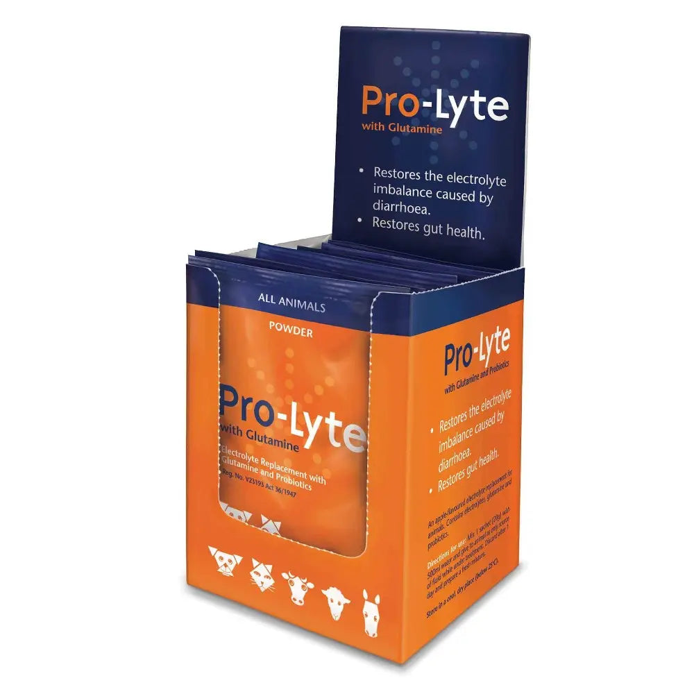 Pro-Lyte powder packets for restoring gut health and electrolyte balance in animals.