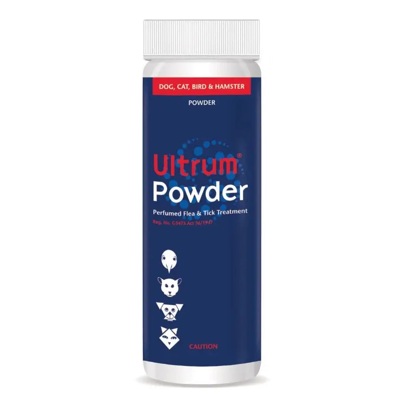 Ultrum Powder for pets, effective perfumed flea and tick treatment for dogs, cats, birds, and hamsters.