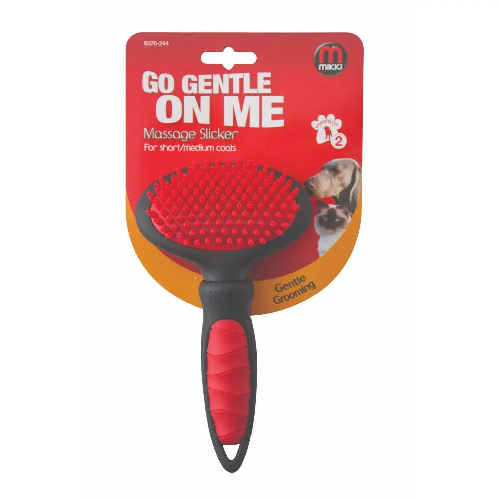 Massage slicker brush for gentle grooming of short to medium coat dogs.