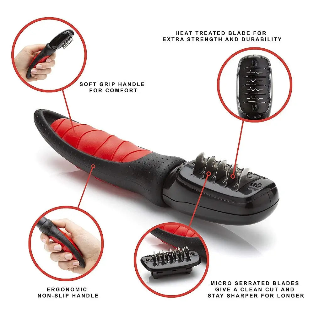 Ergonomic pet grooming tool with heat-treated blades for durability and a comfortable grip.