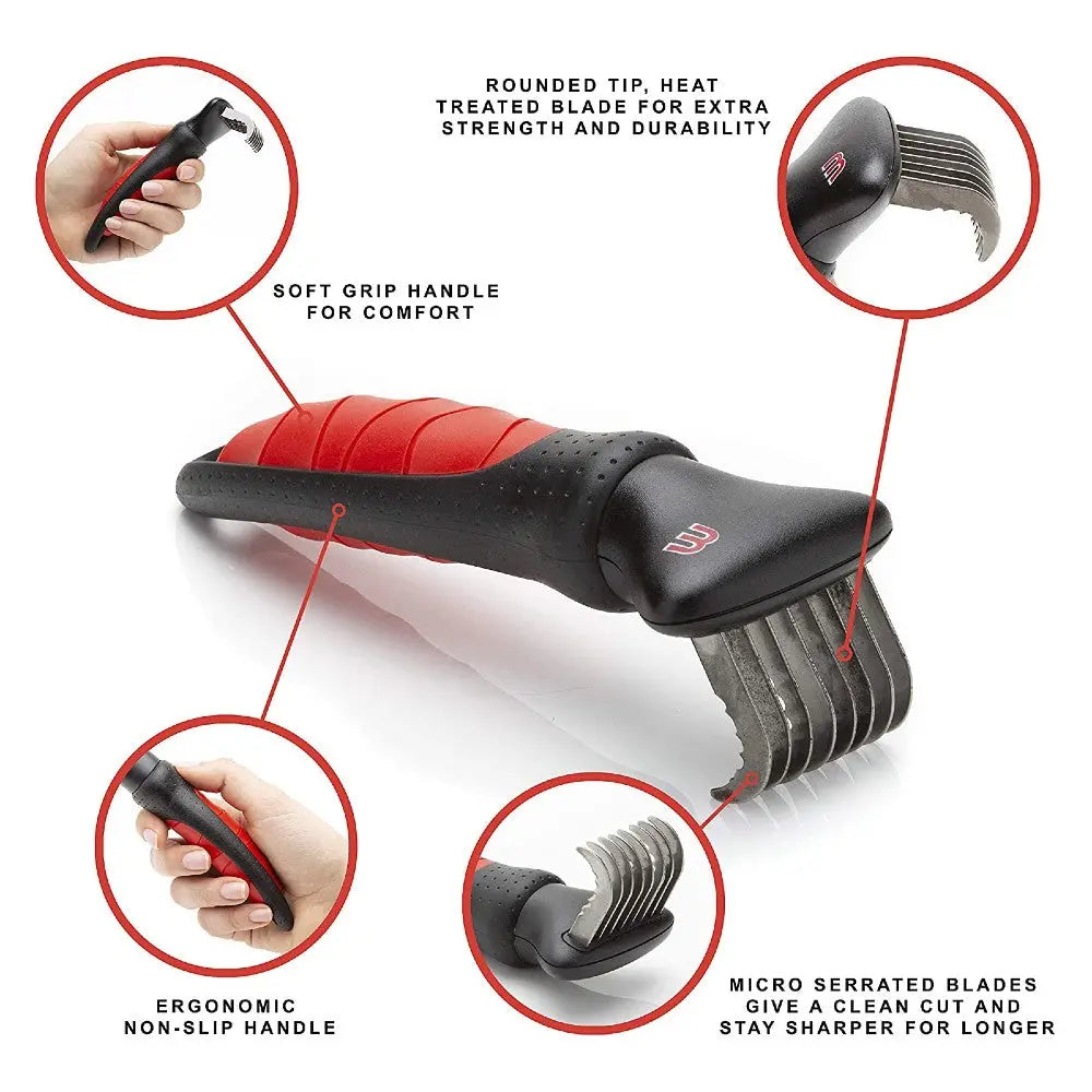 Ergonomic pet grooming tool with a soft grip handle and micro-serrated blades for efficient fur removal.