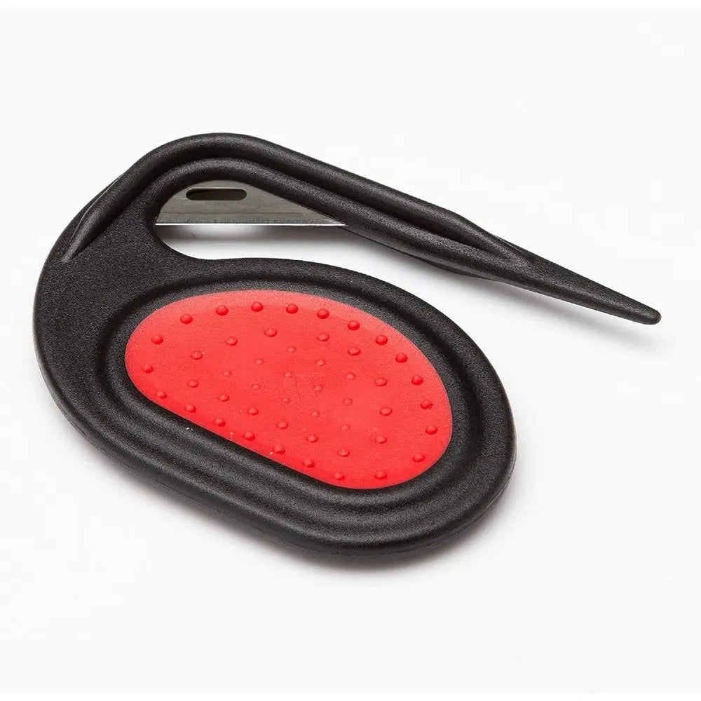 Ergonomic black and red tool for easy cutting and opening packages.
