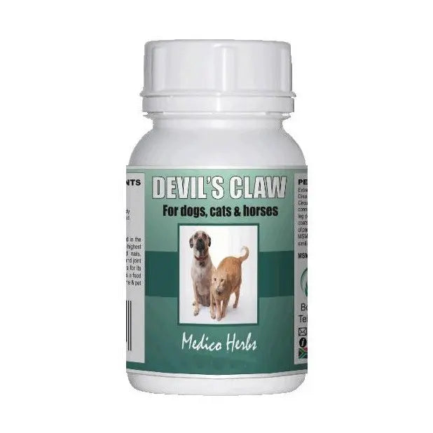 Devil's Claw supplement bottle for dogs, cats, and horses with clear labeling and dosage instructions.