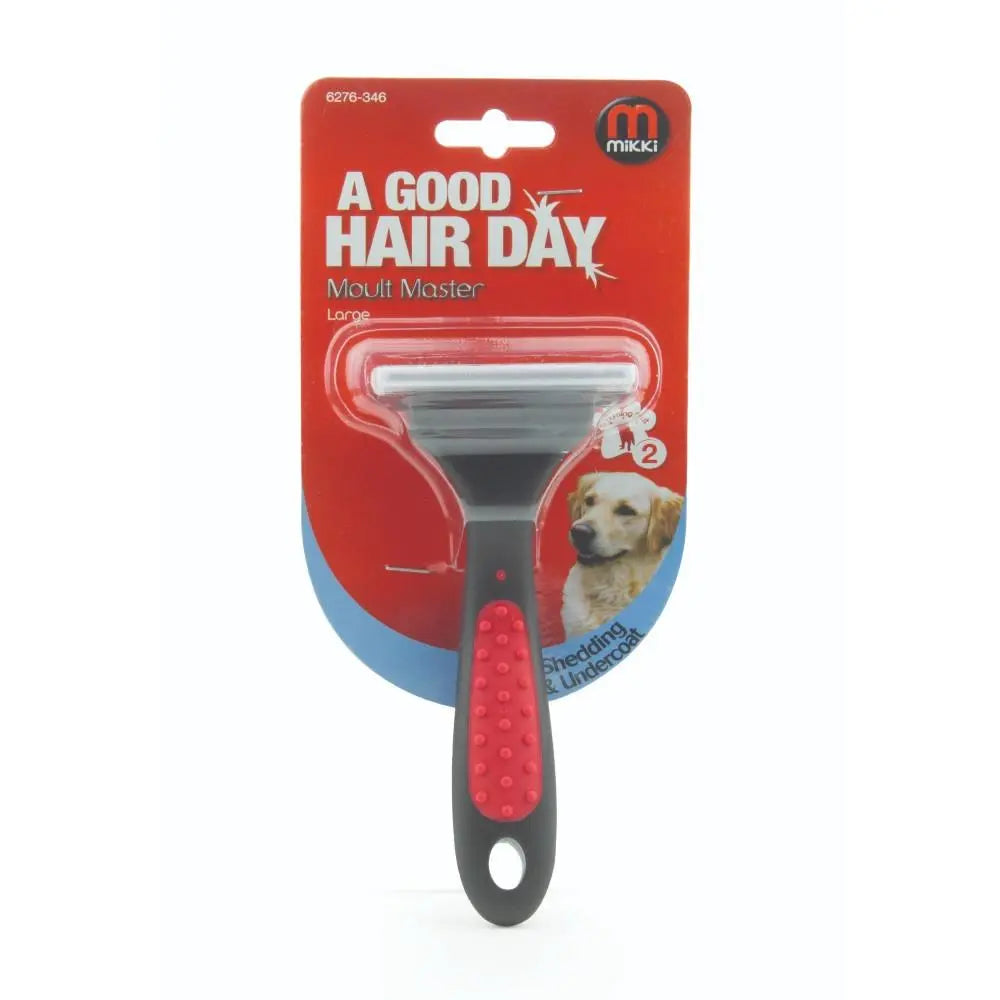 Dog grooming tool, shedding brush for effective pet hair removal, packaged for easy use.