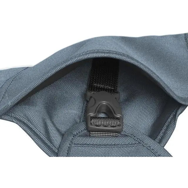 Close-up of a durable gray bag strap with a secure buckle for easy adjustment and comfort.
